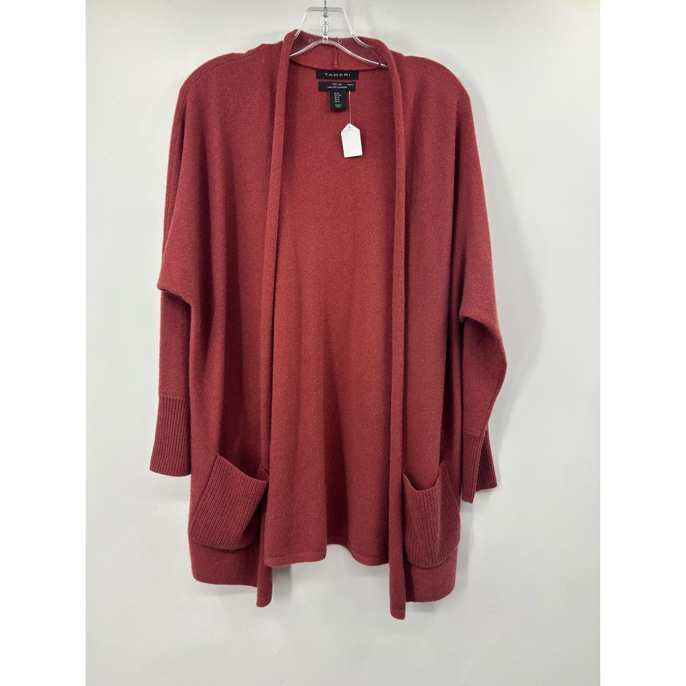 Tahari Pure Luxe 100% Cashmere Open Front Cardigan Sweater Brick Red Medium